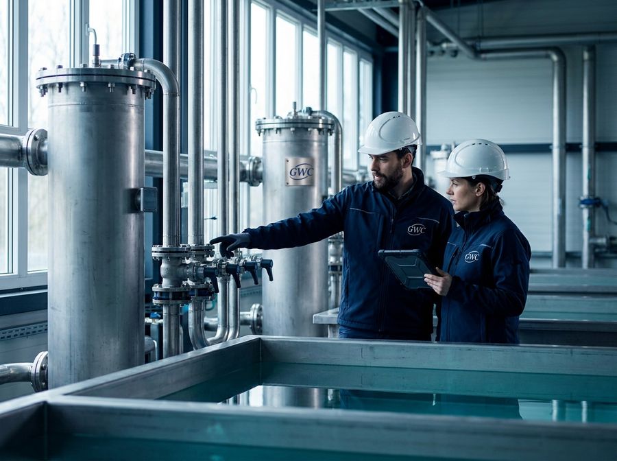 Dos especialistas con casco revisan las columnas de filtración y el colector de válvulas de una planta de tratamiento de agua