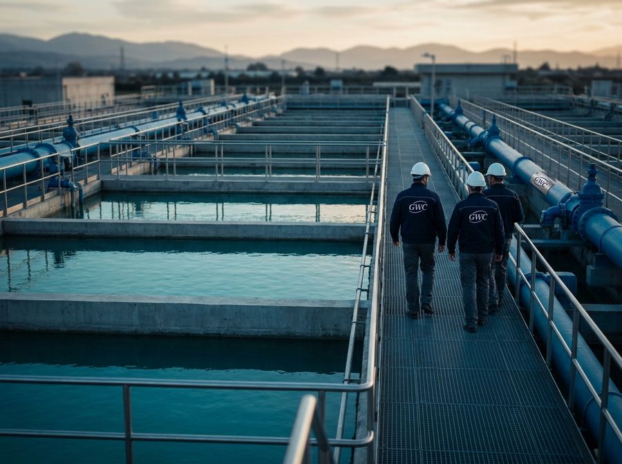 Piletas de decantación y galerías de cañerías de una planta de tratamiento de agua, con personal técnico recorriendo la pasarela