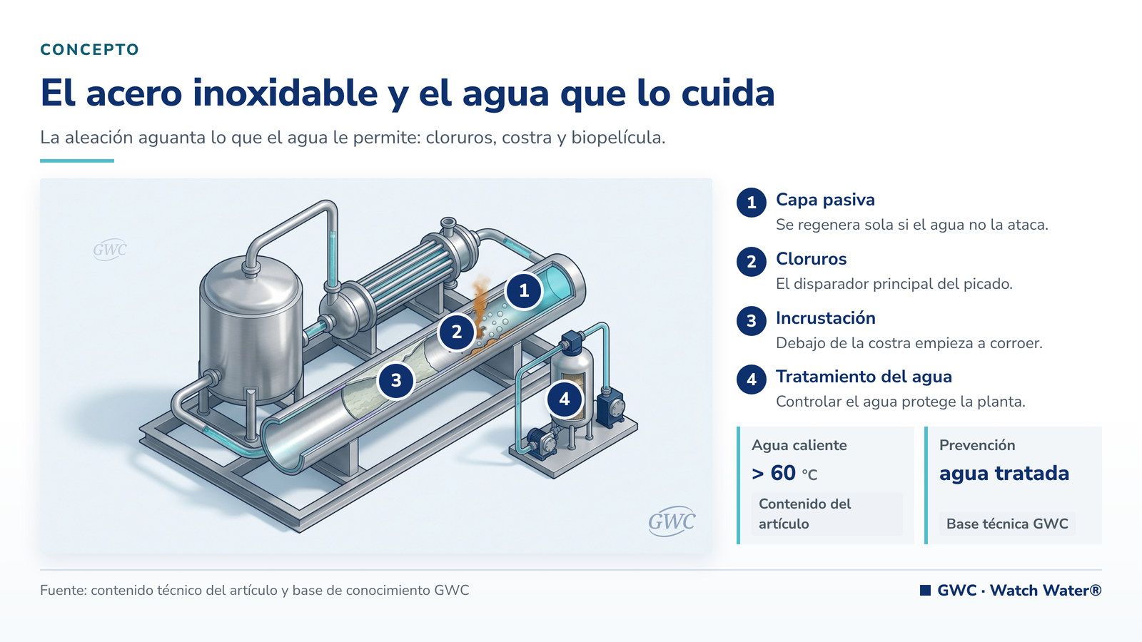 Acero inoxidable en el tratamiento del agua: superficie con capa pasiva y zona con picado