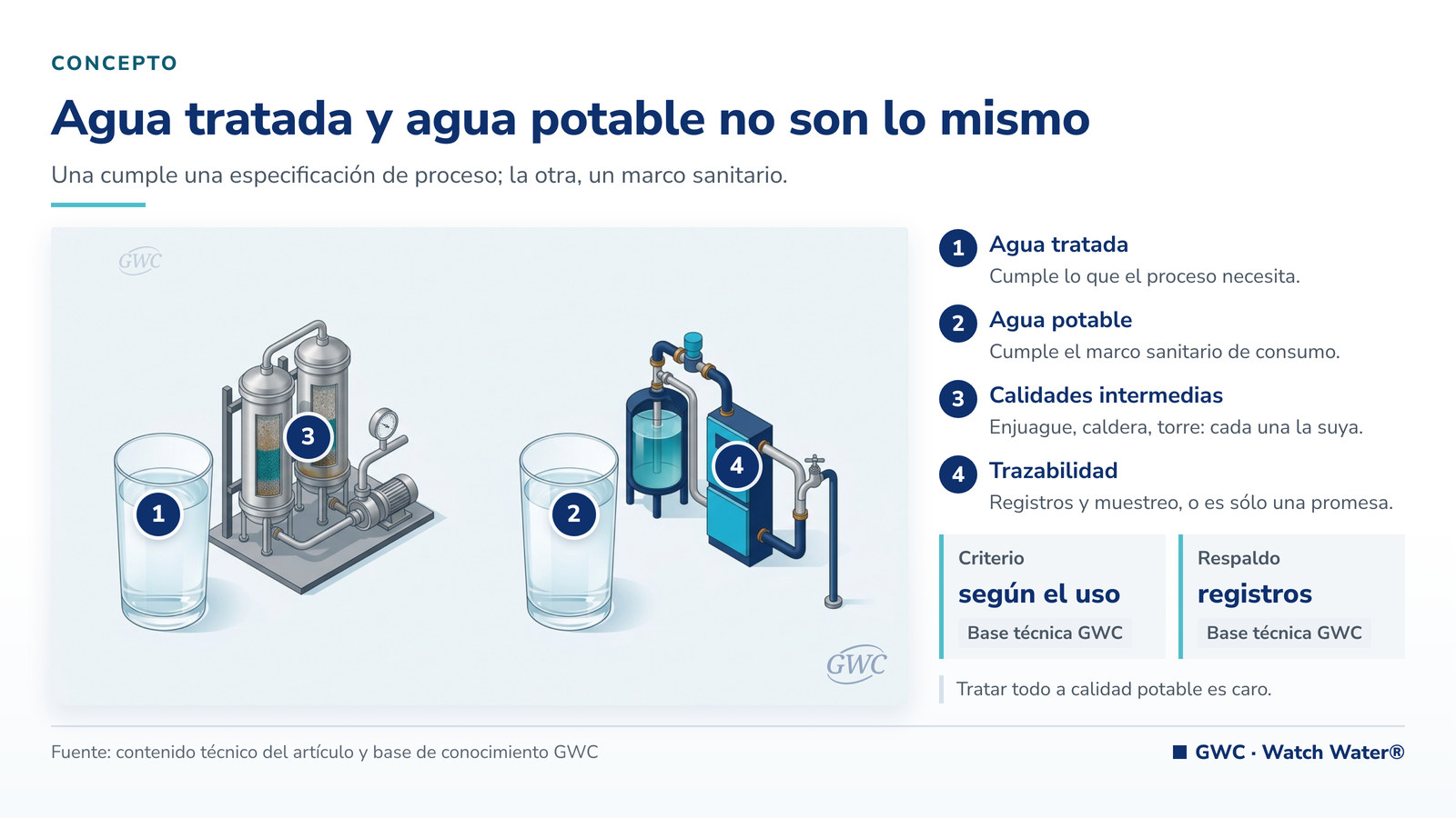 Agua tratada vs agua potable: dos vasos idénticos con trenes de producción distintos detrás