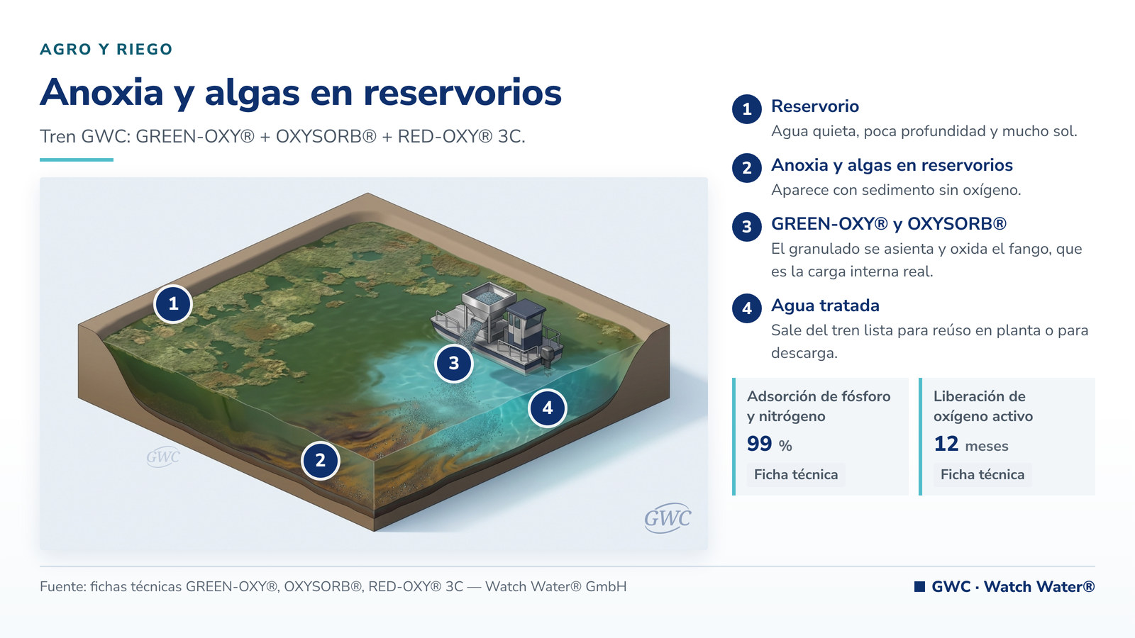 Control de algas en reservorios de riego: anoxia y algas en reservorios en agro y riego y el tren de tratamiento de GWC