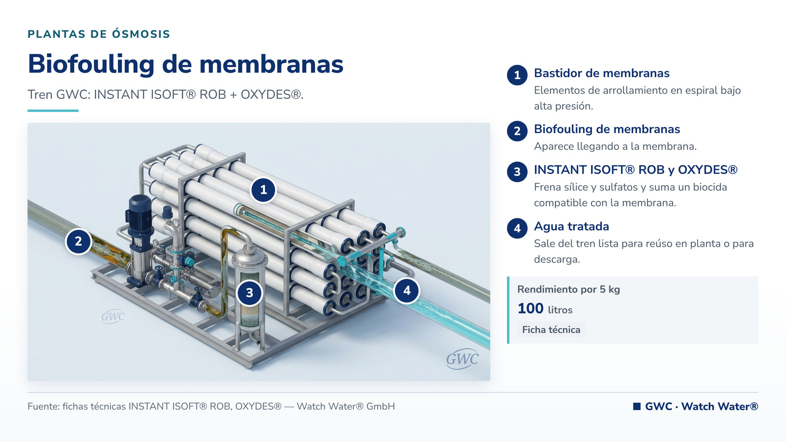 Biofouling en membranas de ósmosis inversa: biofouling de membranas en upstream y el tren de tratamiento de GWC