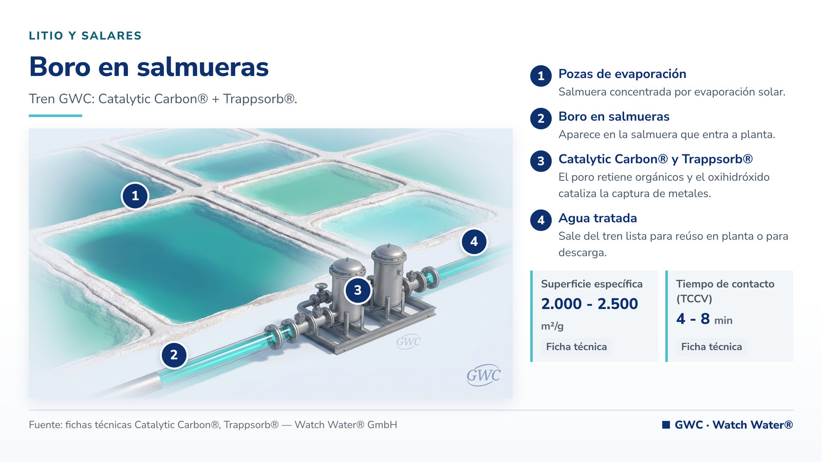 Remoción de boro del agua: boro en salmueras en litio y salares y el tren de tratamiento de GWC