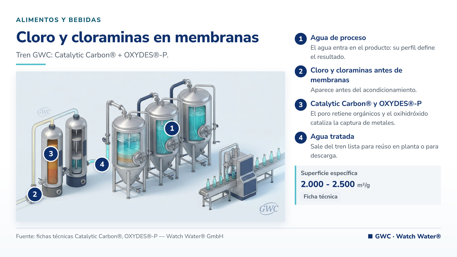 Eliminar cloro y cloraminas antes de ósmosis inversa: cloro y cloraminas antes de membranas y el tren de tratamiento de GWC