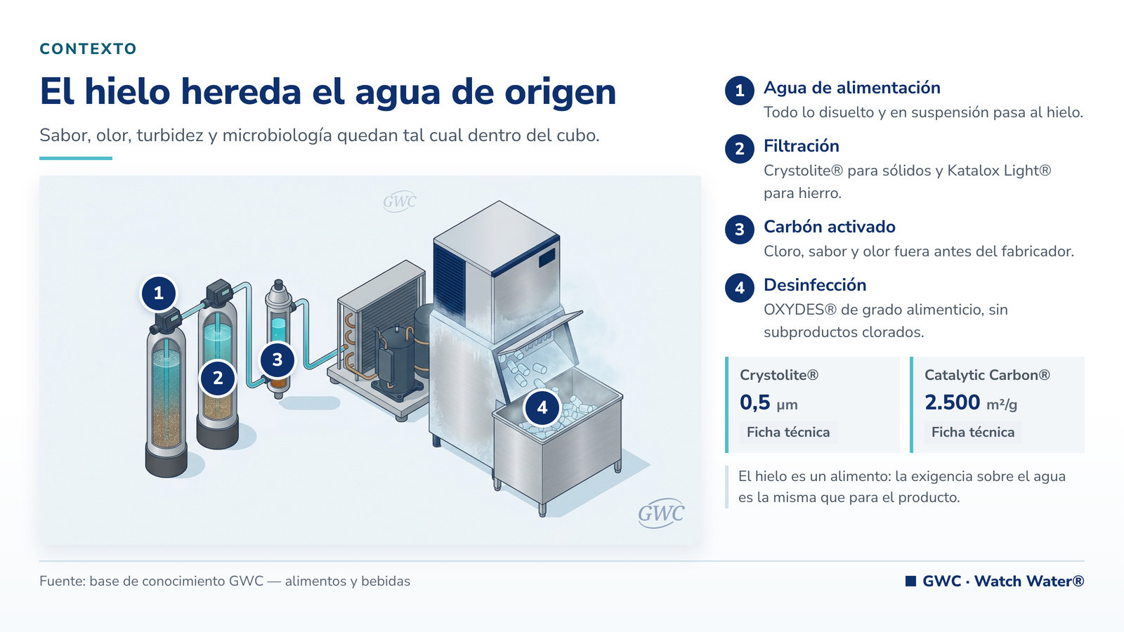 Agua para fabricación de hielo: planta de hielo con filtración, carbón y desinfección previa