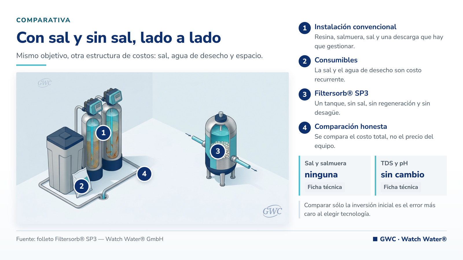 Intercambio iónico: instalación con resina y salmuera frente a un equipo compacto sin sal