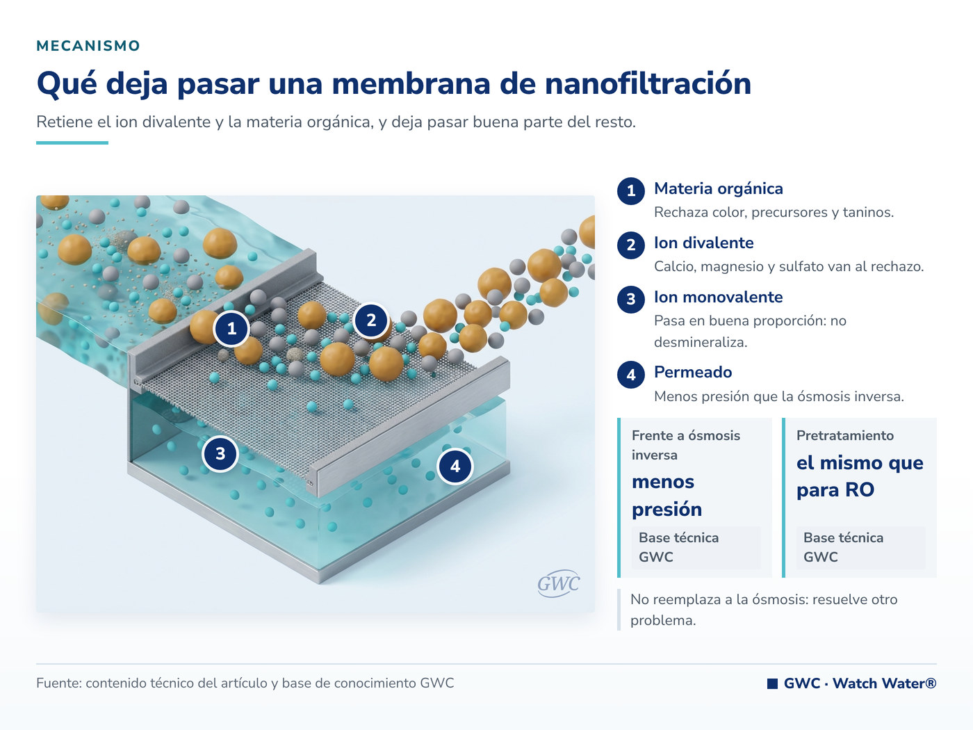 Nanofiltración: retiene divalentes y materia orgánica, y deja pasar buena parte de los monovalentes