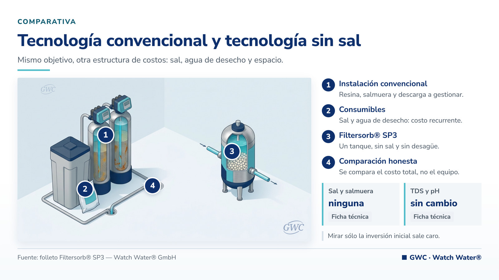 Ablandamiento de agua industrial: instalación con salmuera frente a un equipo compacto sin sal