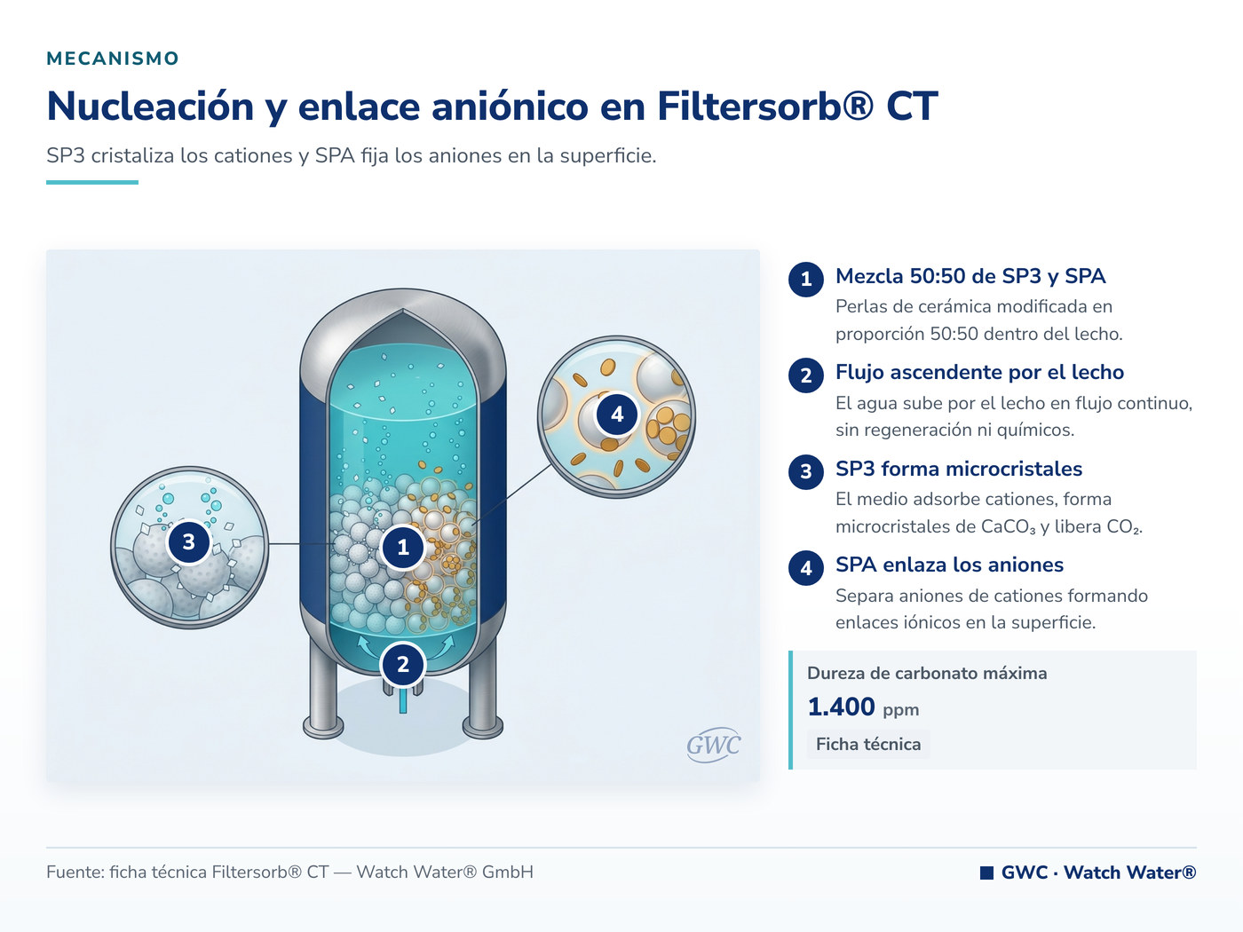 Nucleación de cationes más enlace aniónico en Filtersorb® CT — mecanismo de Filtersorb® CT para sulfatos en agua de inyección
